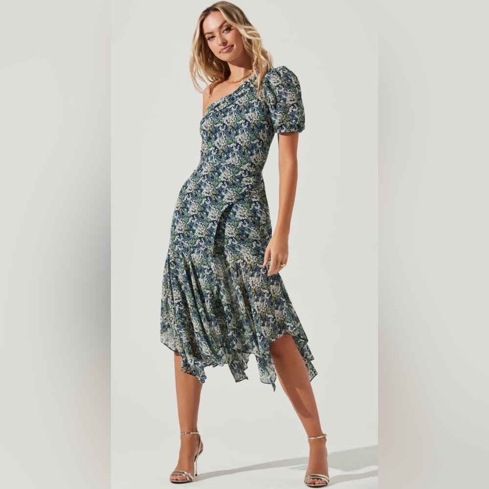 Santorini Floral One Shoulder Midi Dress